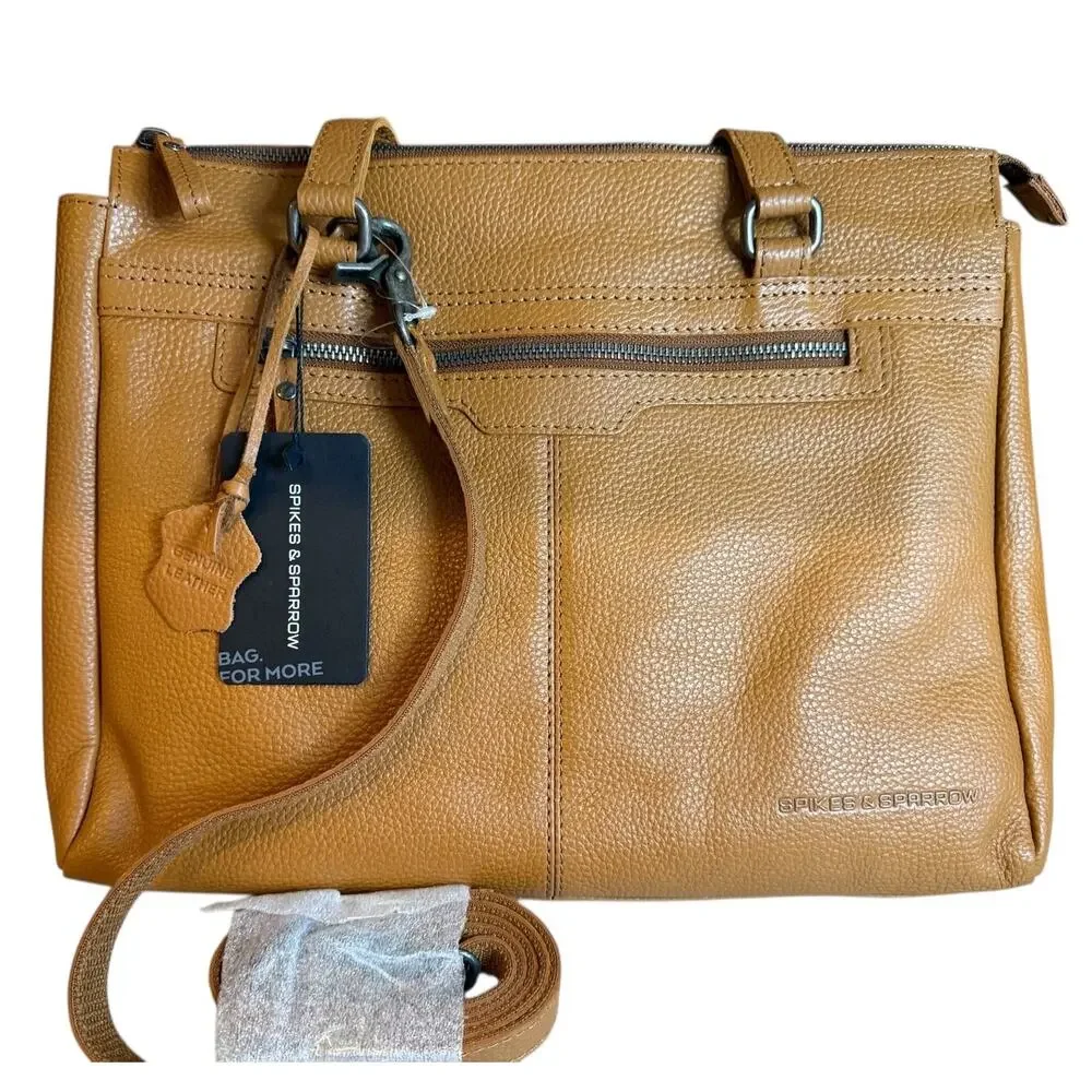 Spikes & Sparrow Pebbled Leather Laptop Tote Bag Tan